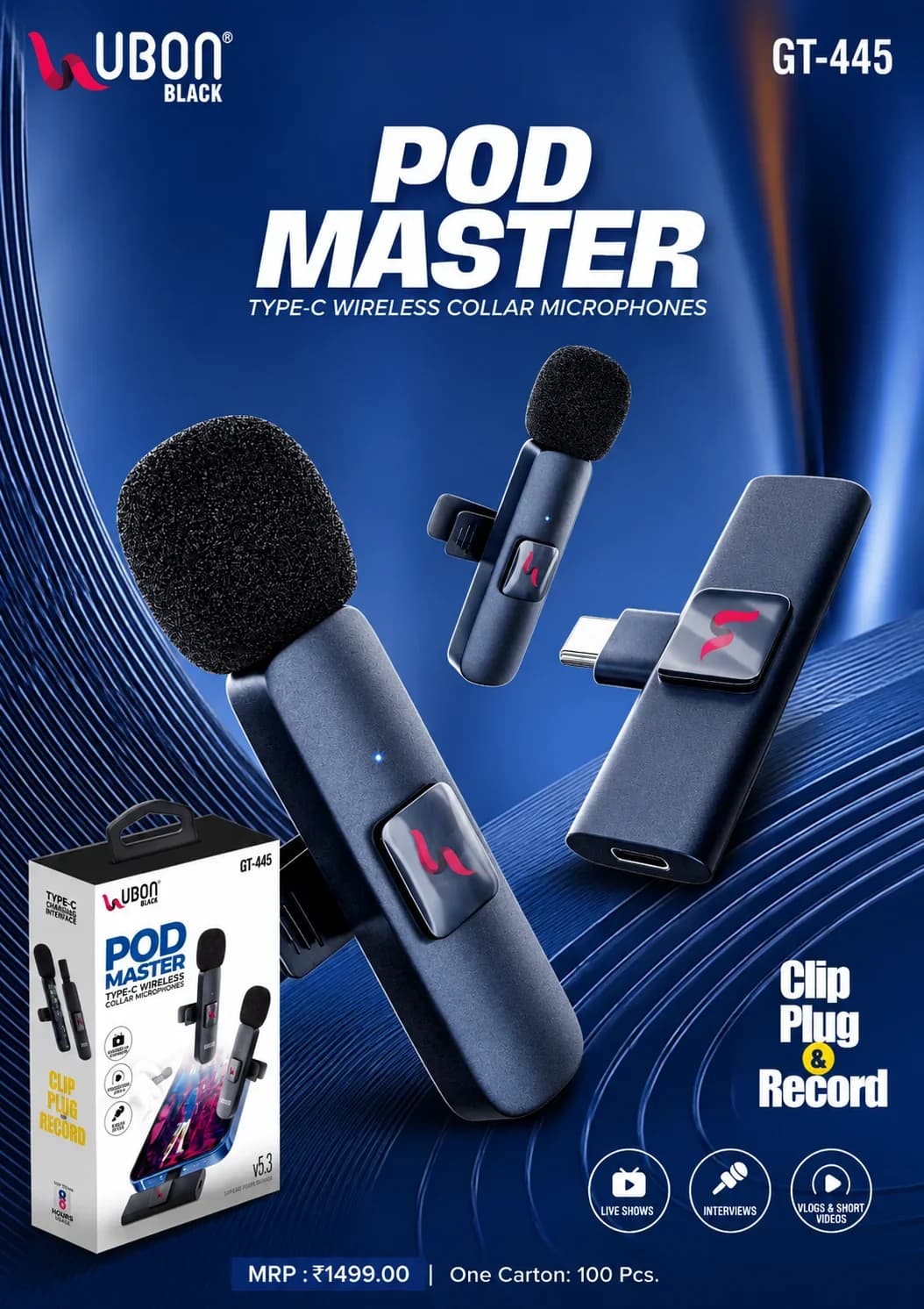 UBON BLACK GT-445 POD MASTER Dual Type-C Wireless Collar Microphones with 8 Hours Playtime & v5.3 Connectivity