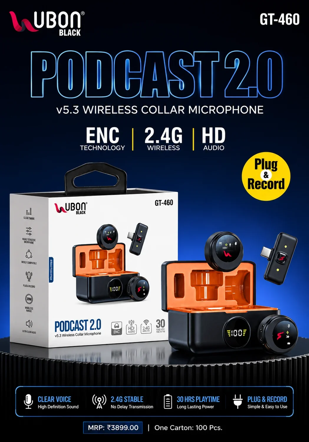 UBON BLACK GT-440 GT-460 PODCAST 2.0 v5.3 Wireless Collar Microphone with ENC Noise Reduction & Charging Case