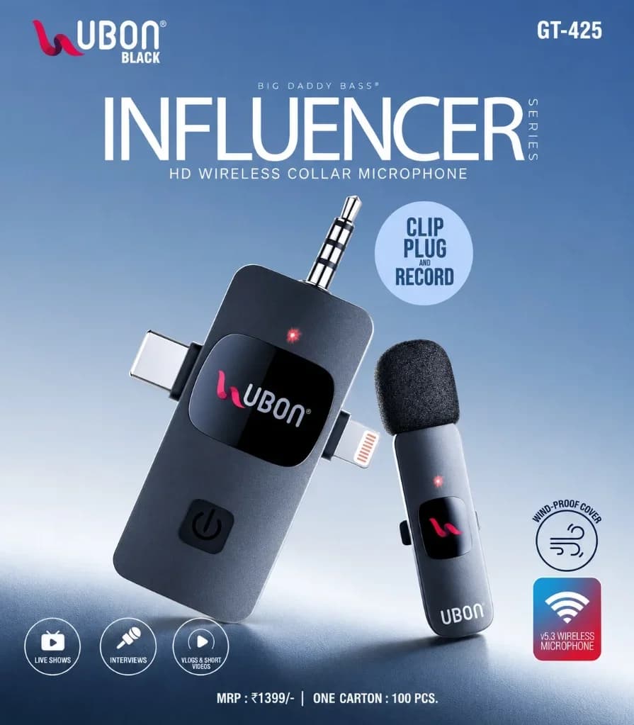 UBON BLACK GT-425 INFLUENCER SERIES 3-in-1 HD Wireless Collar Microphone with v5.3 & Wind-Proof Cover