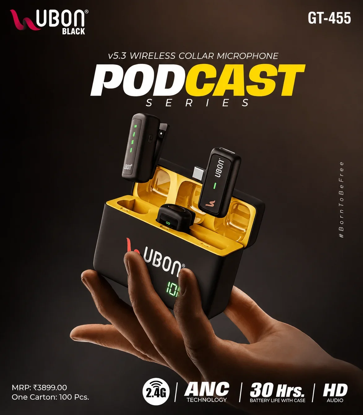 UBON BLACK GT-455 PODCAST SERIES v5.3 Wireless Collar Microphone with ANC Technology & Charging Case