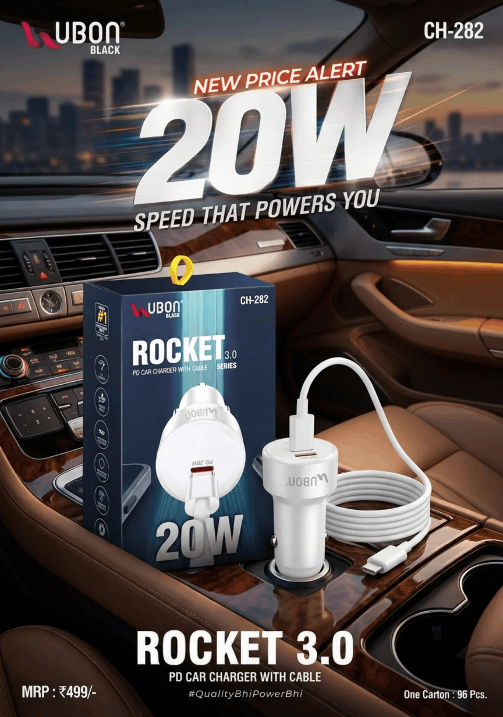 UBON BLACK CH-282 ROCKET 3.0 20W Fast PD Car Charger with Type-C Charging Cable