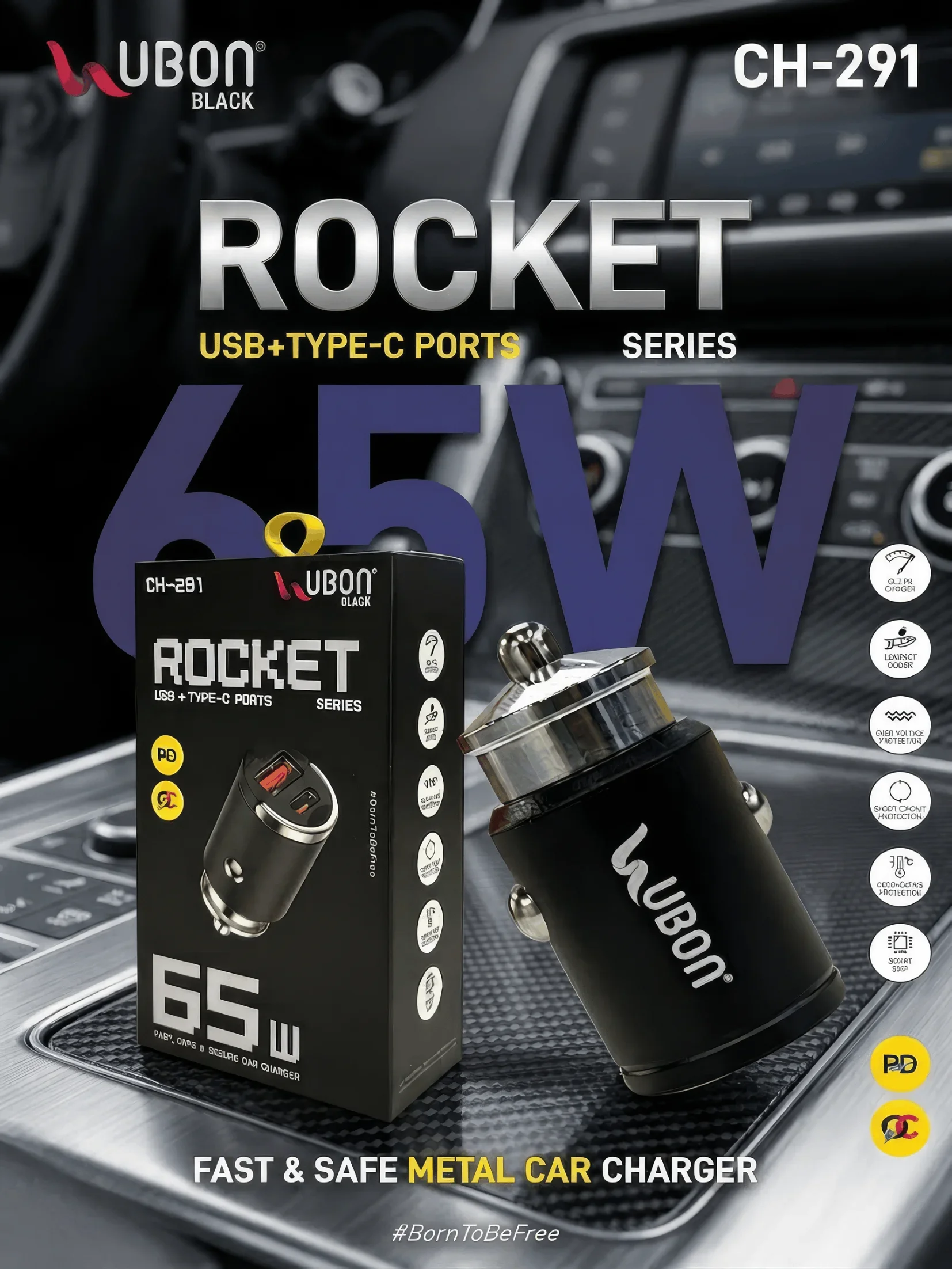 UBON BLACK CH-291 ROCKET SERIES 65W Fast Metal Car Charger with USB & Type-C PD Ports