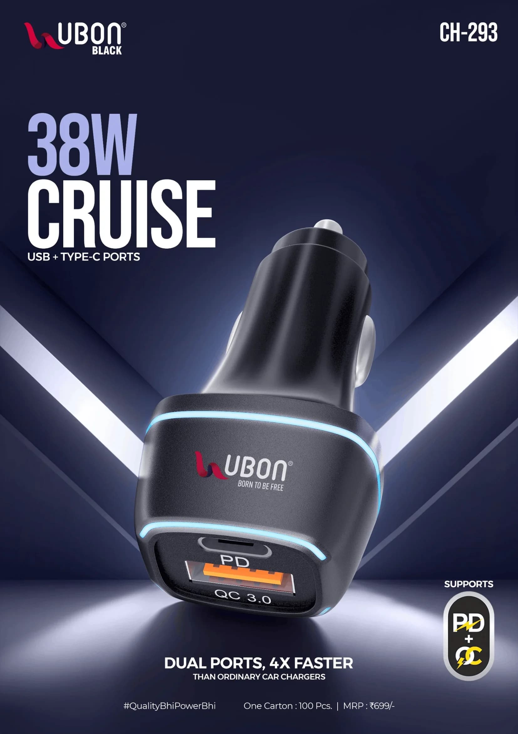 UBON BLACK CH-293 CRUISE 38W Dual Port Fast Car Charger with PD & Quick Charge 3.0