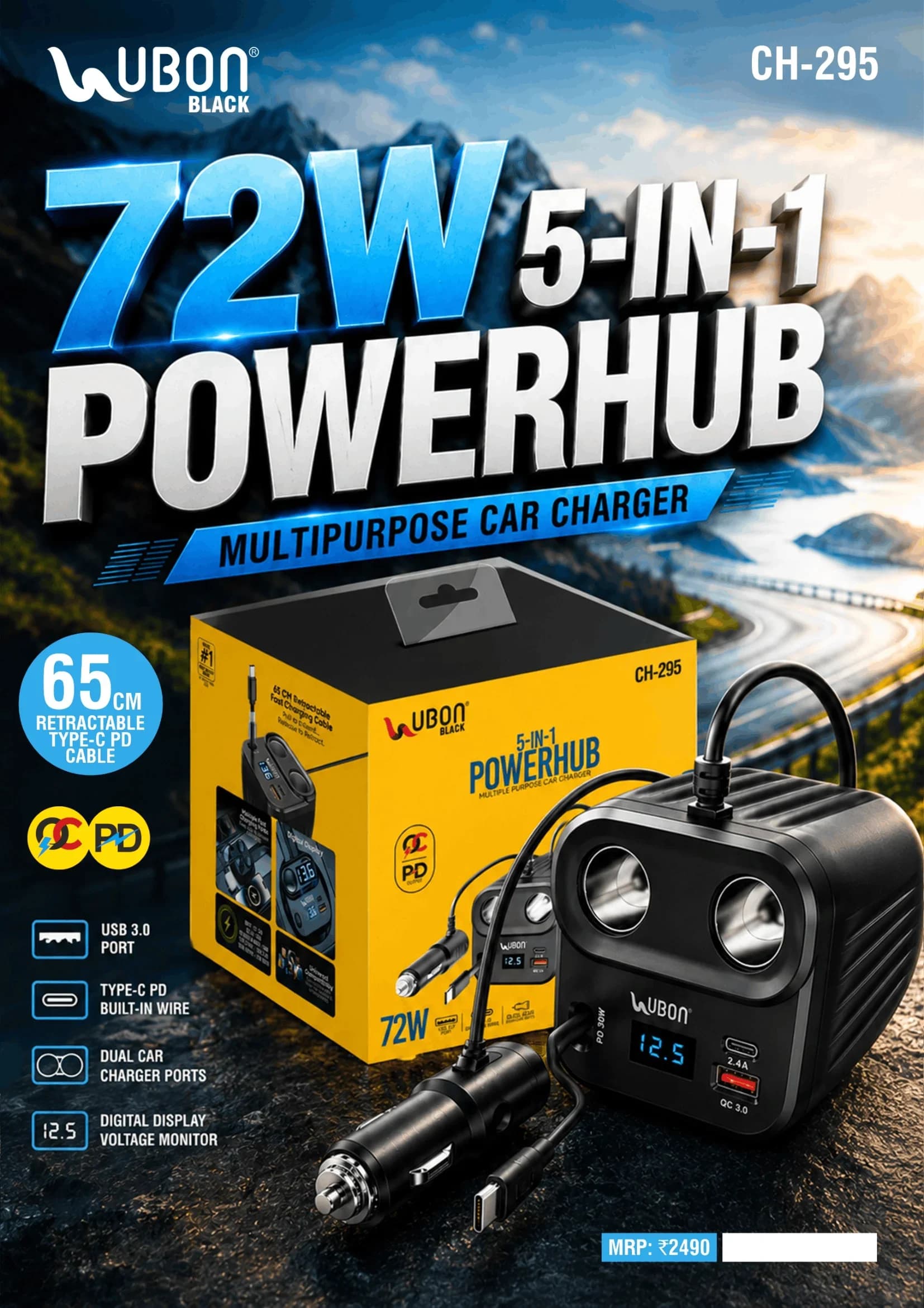 UBON BLACK CH-295 5-in-1 POWERHUB 72W Multipurpose Car Charger with Retractable Type-C Cable & Voltage Display