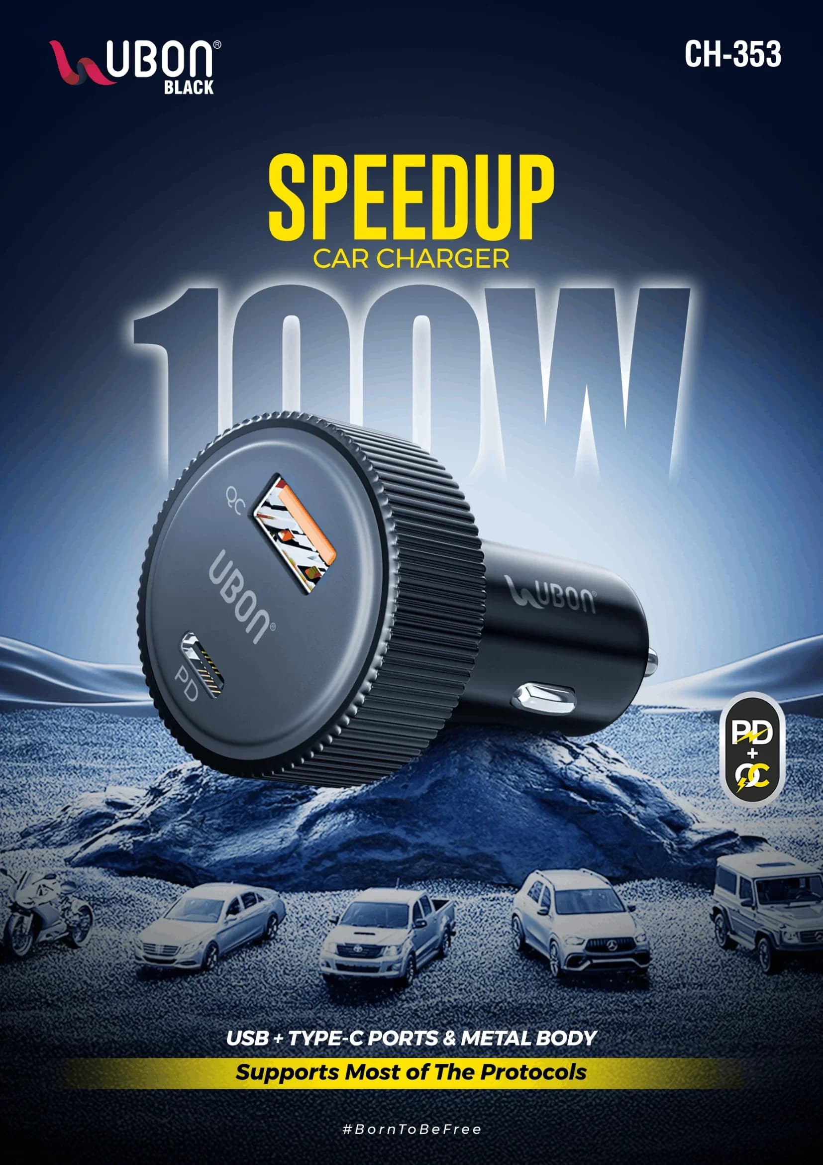 UBON BLACK CH-353 SPEEDUP 100W Metal Body Car Charger with Dual USB + Type-C PD Ports