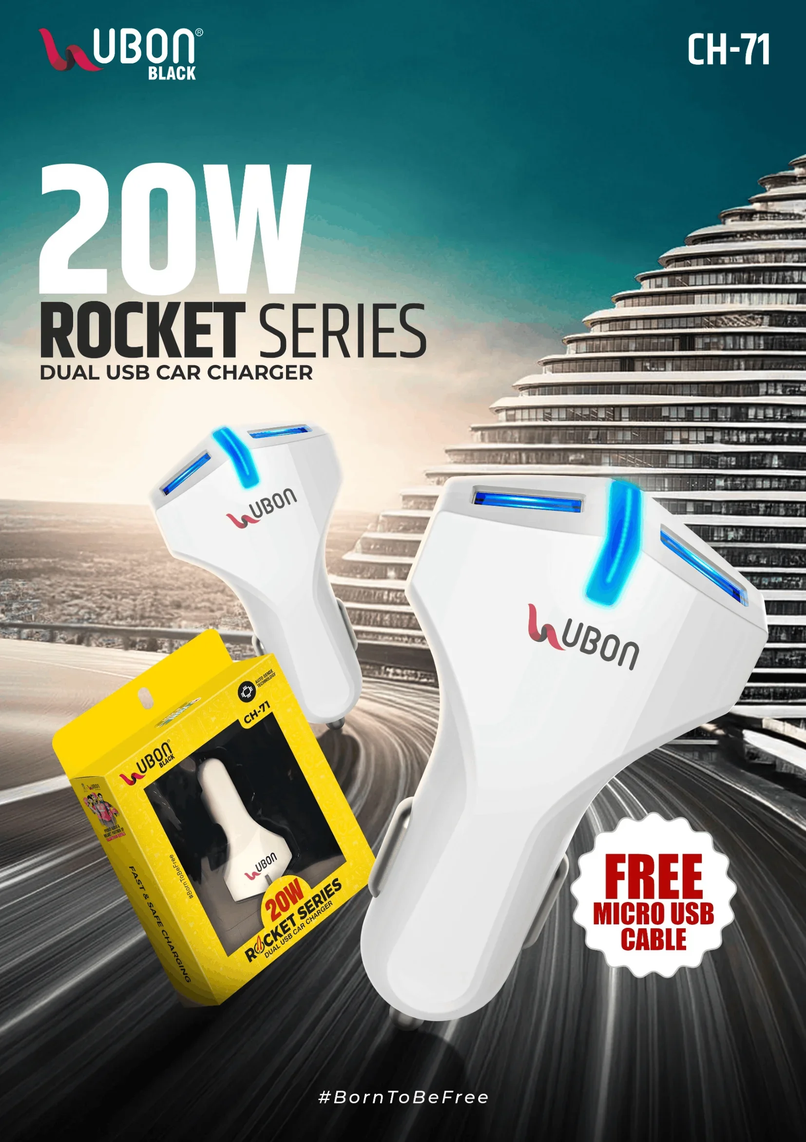 UBON BLACK CH-71 ROCKET SERIES 20W Dual USB Car Charger with Free Micro-USB Cable