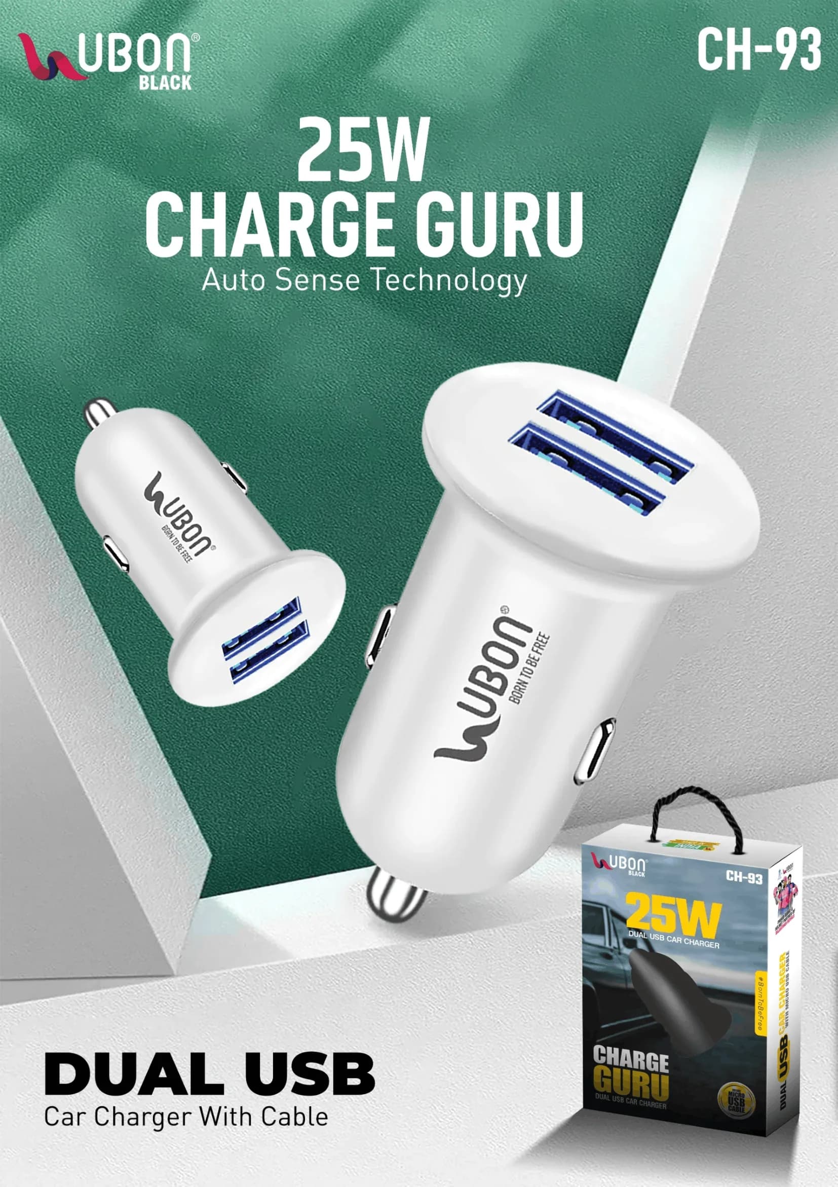UBON BLACK CH-93 CHARGE GURU 25W Dual USB Fast Car Charger with Auto Sense Technology & Charging Cable