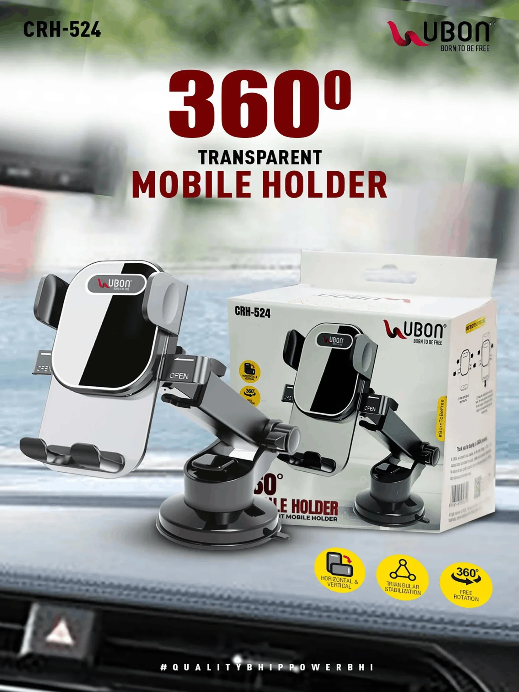 UBON CRH-524 360° Transparent Adjustable Car Mobile Holder with Triangular Stabilization