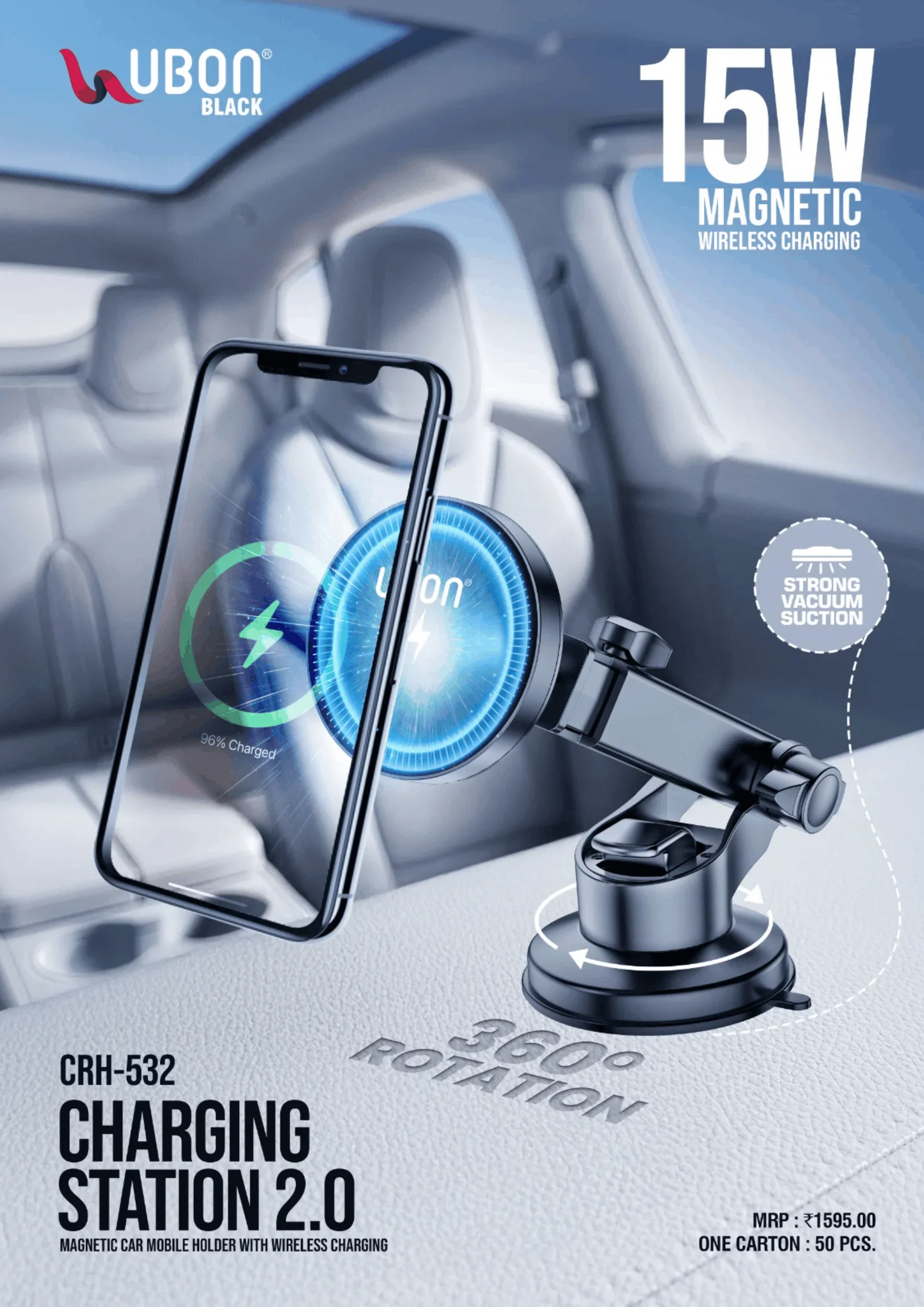 UBON BLACK CRH-533 CHARGING STATION 3.0 15W Magnetic Car Mobile Holder with Wireless Charging