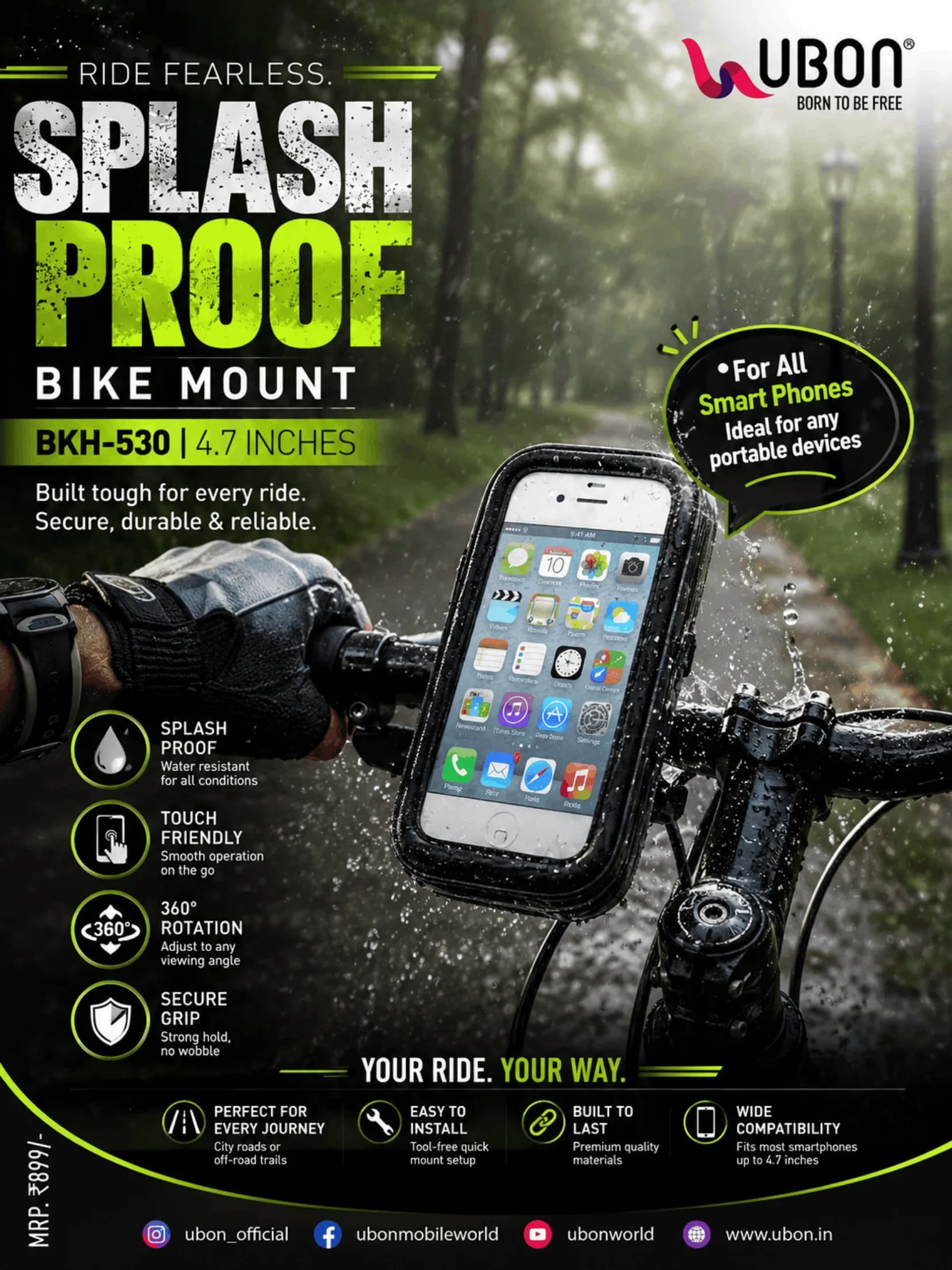 UBON BKH-530 SPLASH PROOF Touch-Friendly Waterproof Bike Mount (Up to 4.7 Inches)