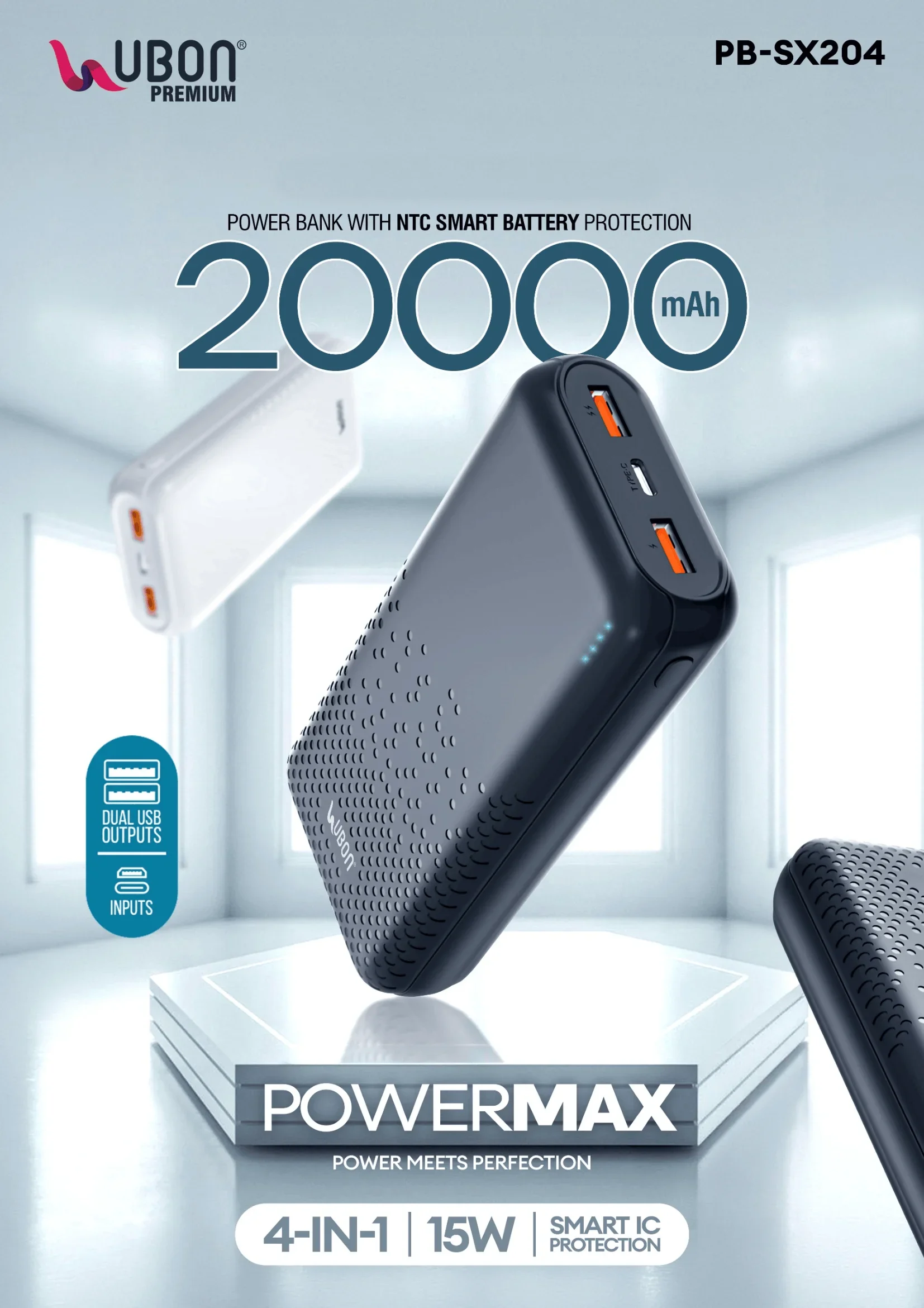 UBON Premium PB-SX204 POWERMAX 20000mAh 15W Fast Charging Power Bank with NTC Smart Battery Protection