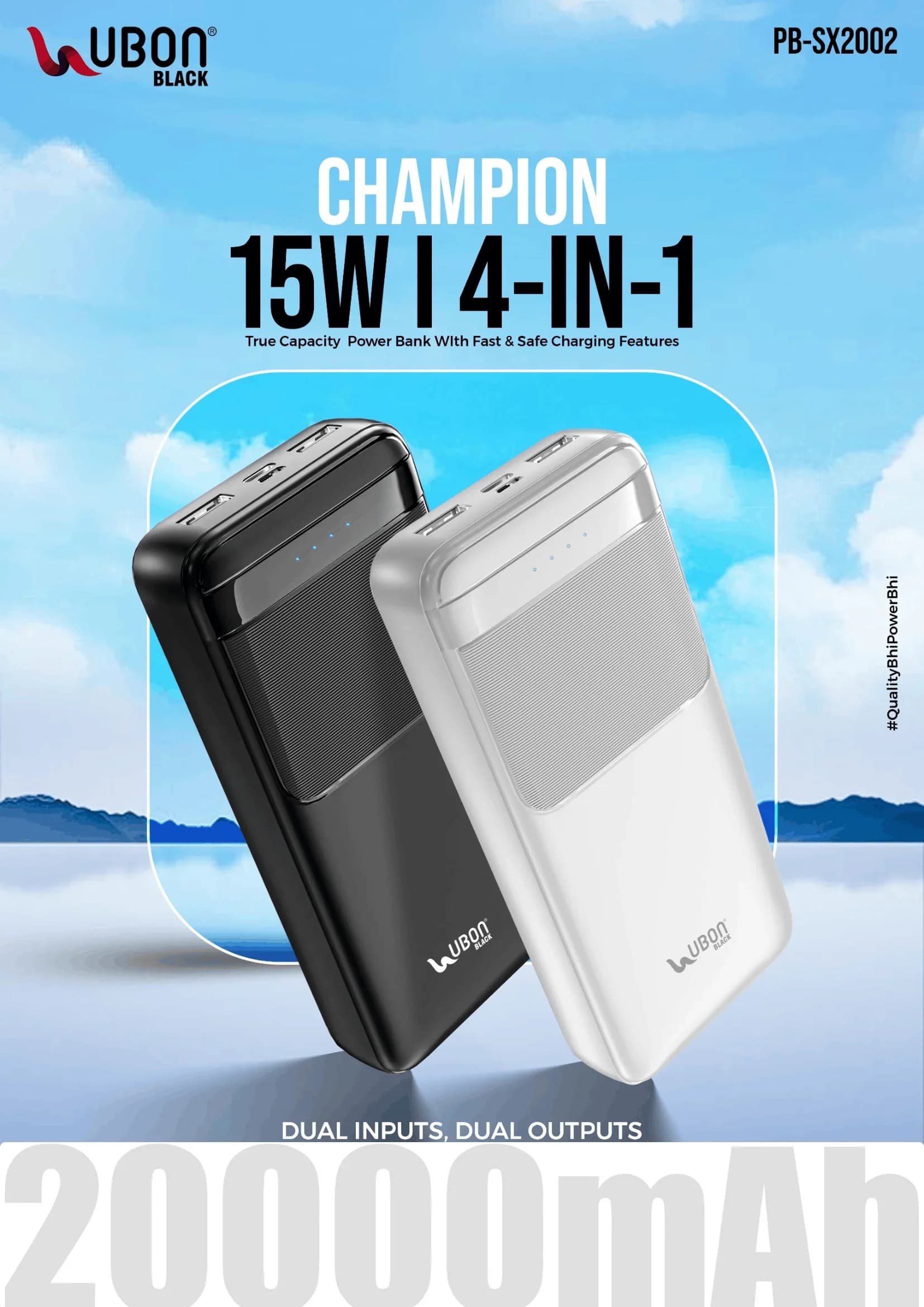 UBON Black PB-SX2002 CHAMPION 20000mAh 15W 4-in-1 Fast Charging Power Bank
