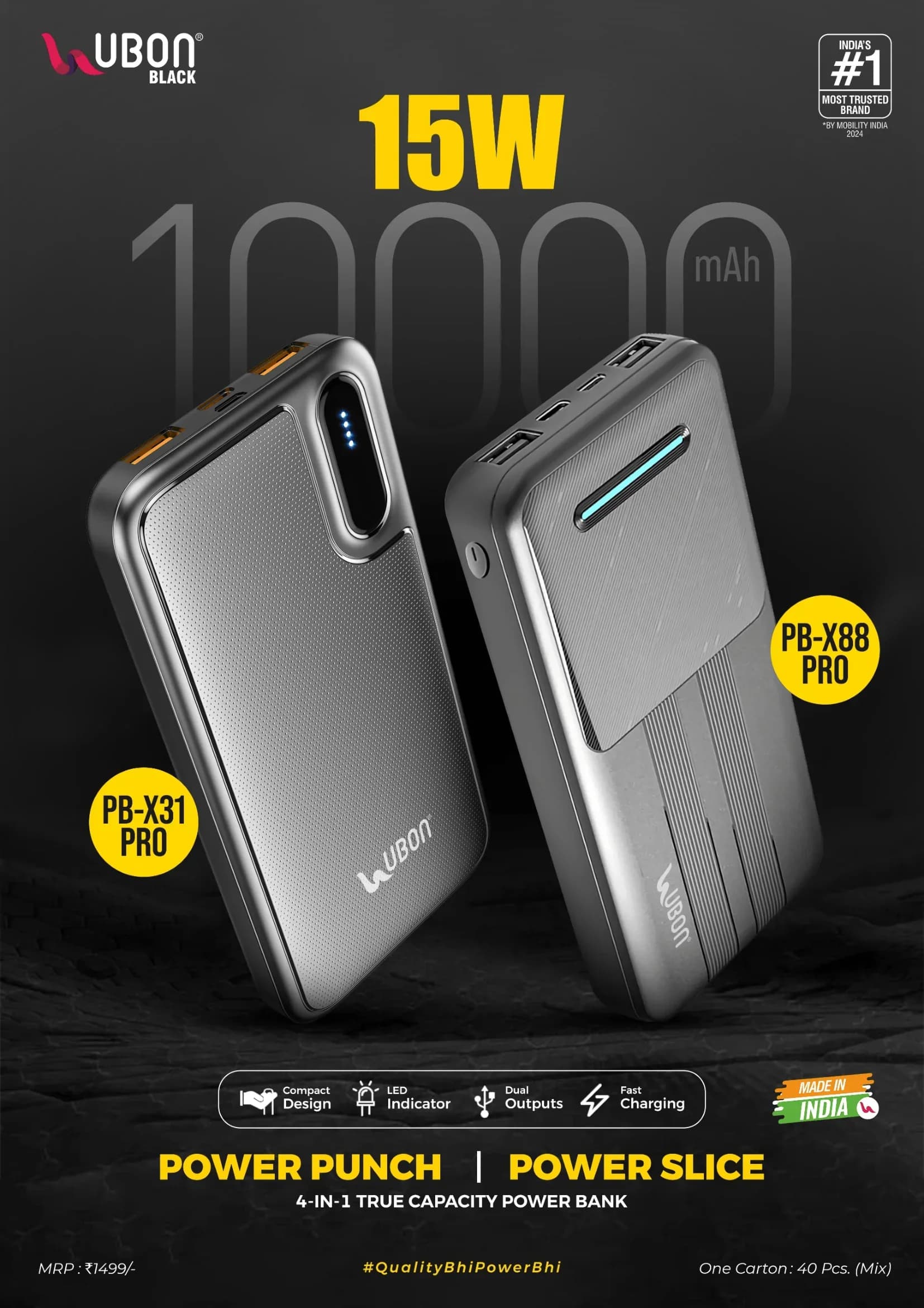 UBON Black PB-X31 PRO & PB-X88 PRO 10000mAh 15W Power Punch / Power Slice Fast Charging Power Bank