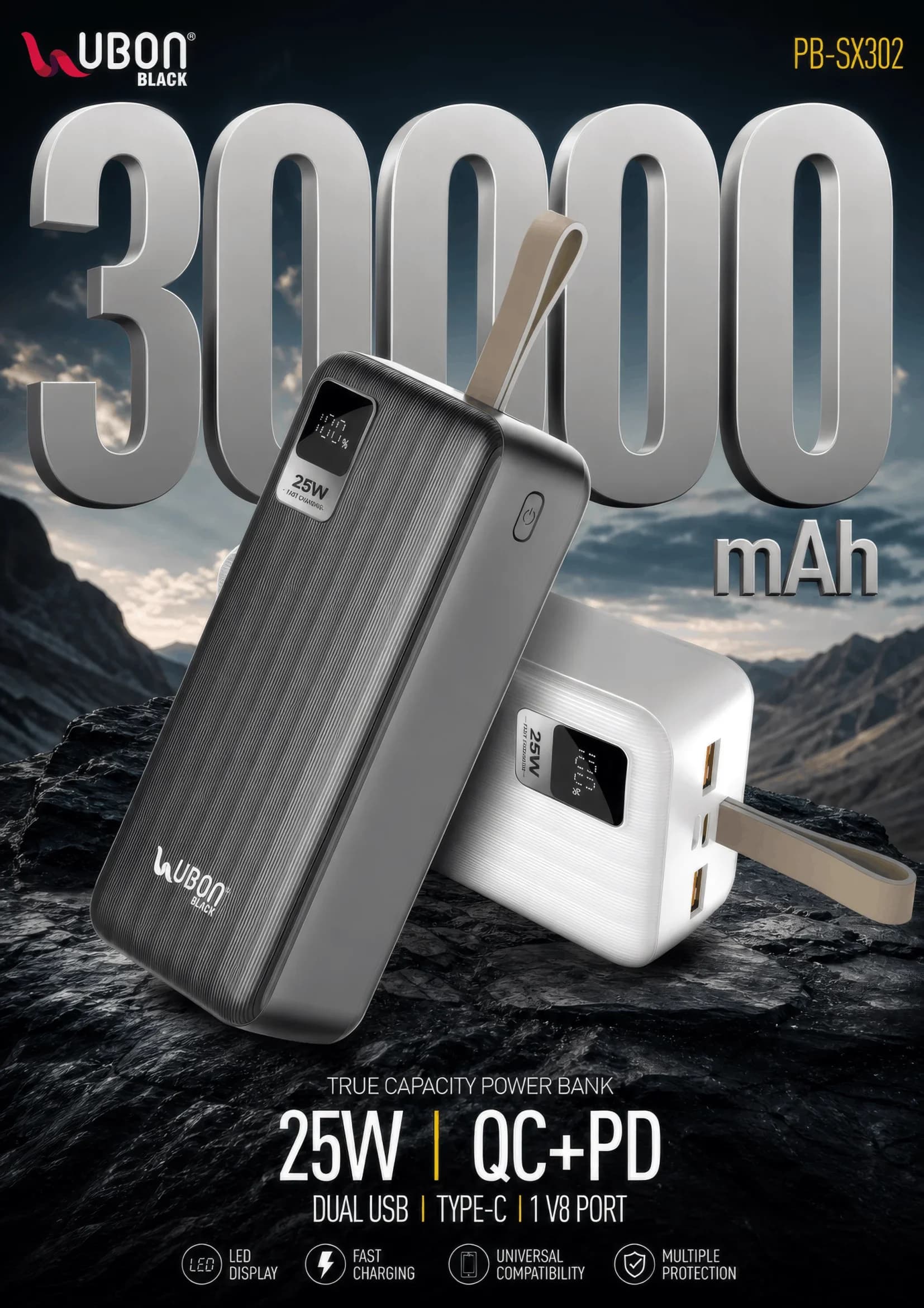UBON Black PB-SX302 30000mAh 25W QC + PD Fast Charging Power Bank with Digital Display