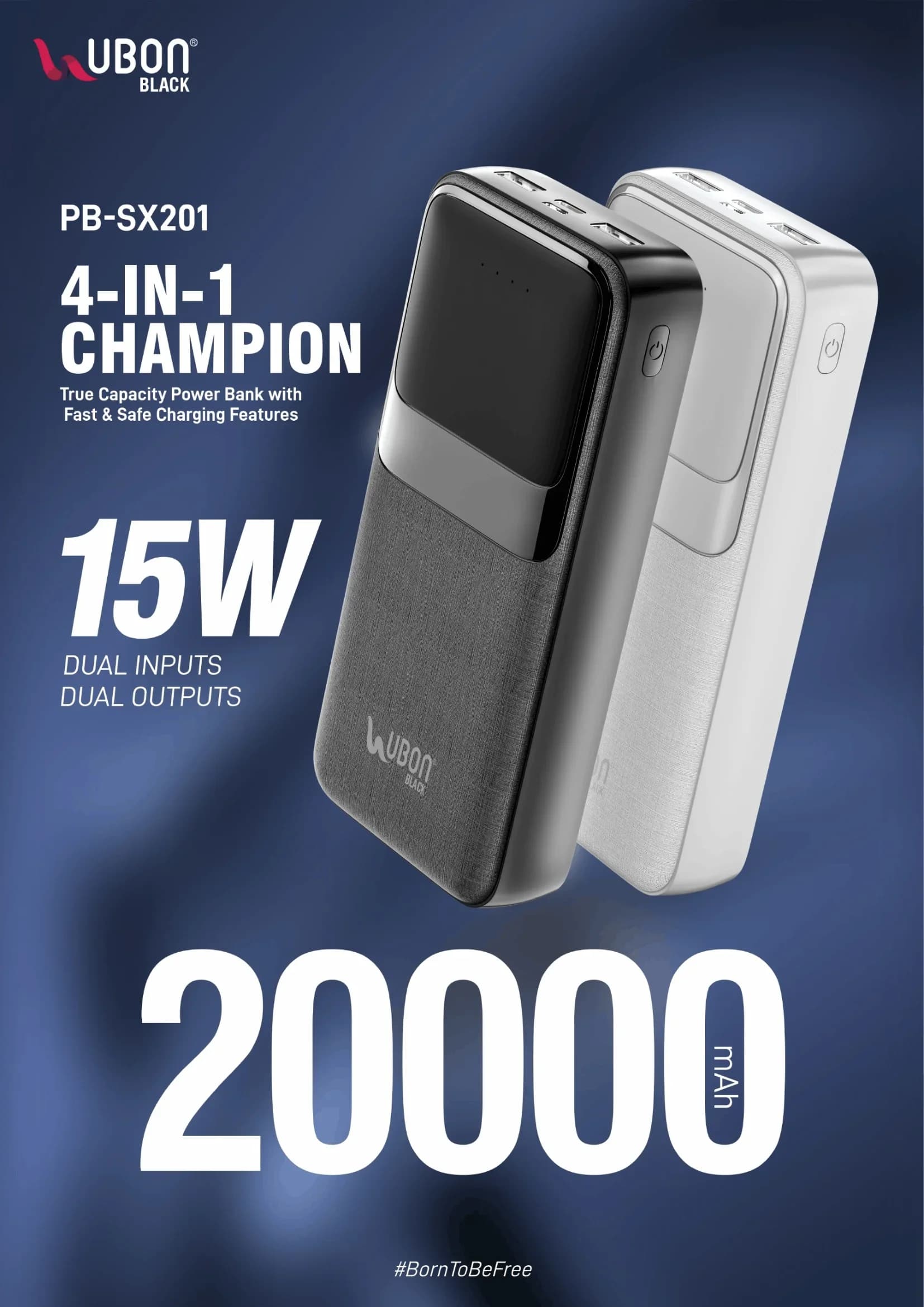 UBON Black PB-SX201 4-IN-1 CHAMPION 20000mAh 15W Fast Charging Power Bank