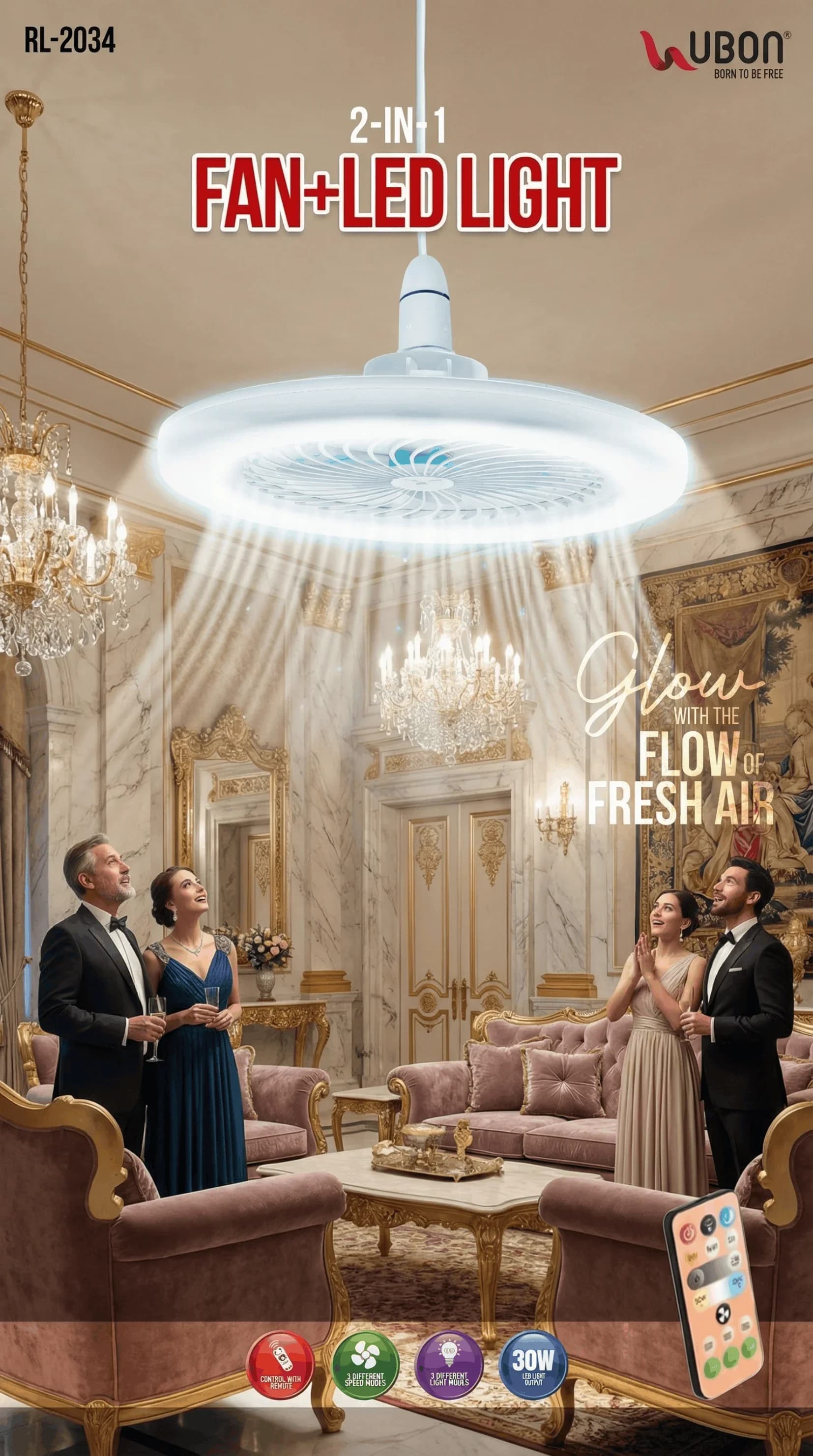 UBON RL-2034 2-in-1 Ceiling Fan with 30W LED Light & Remote Control