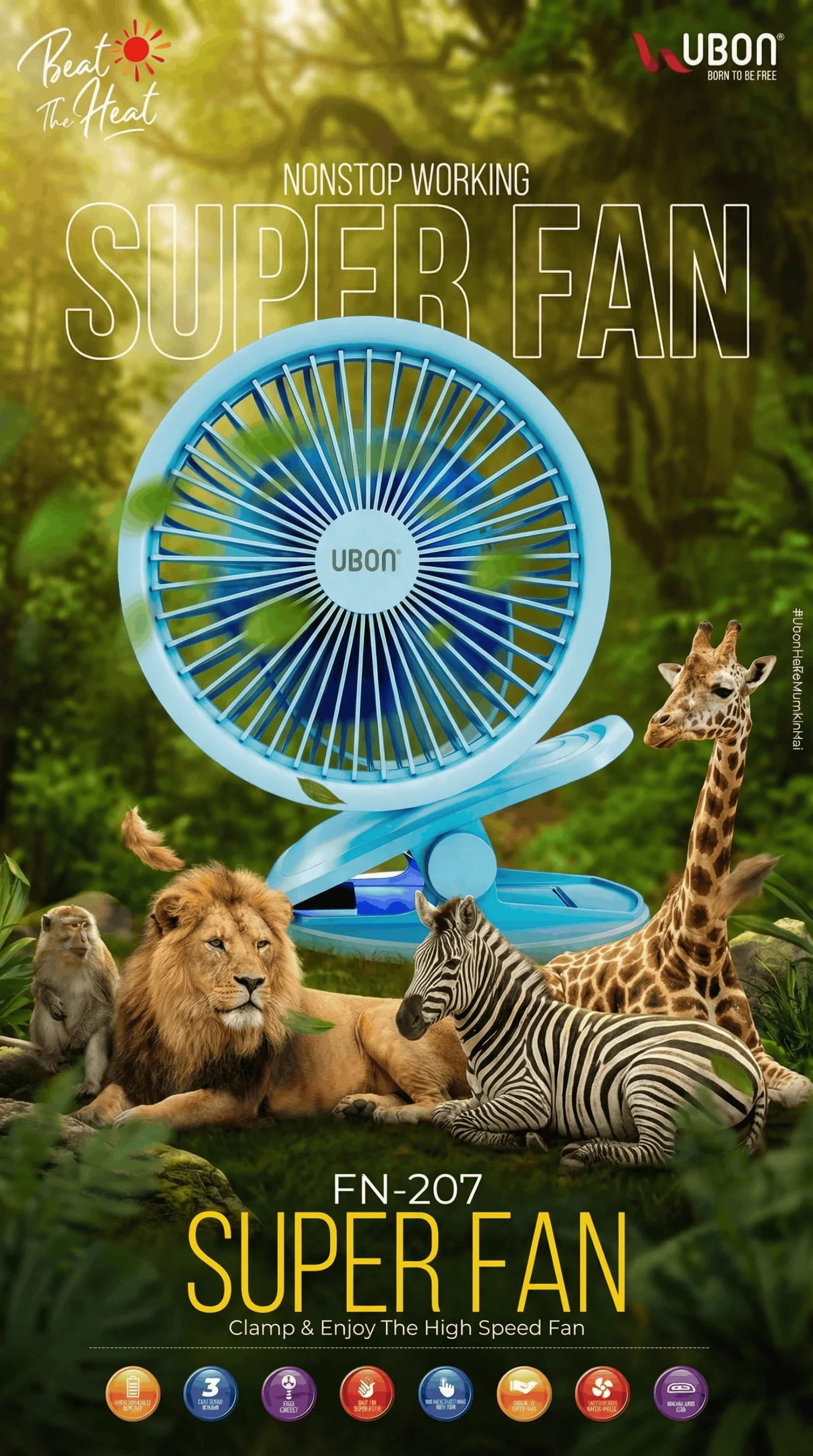 UBON FN-207 SUPER FAN Rechargeable Portable Clip-On High-Speed Fan