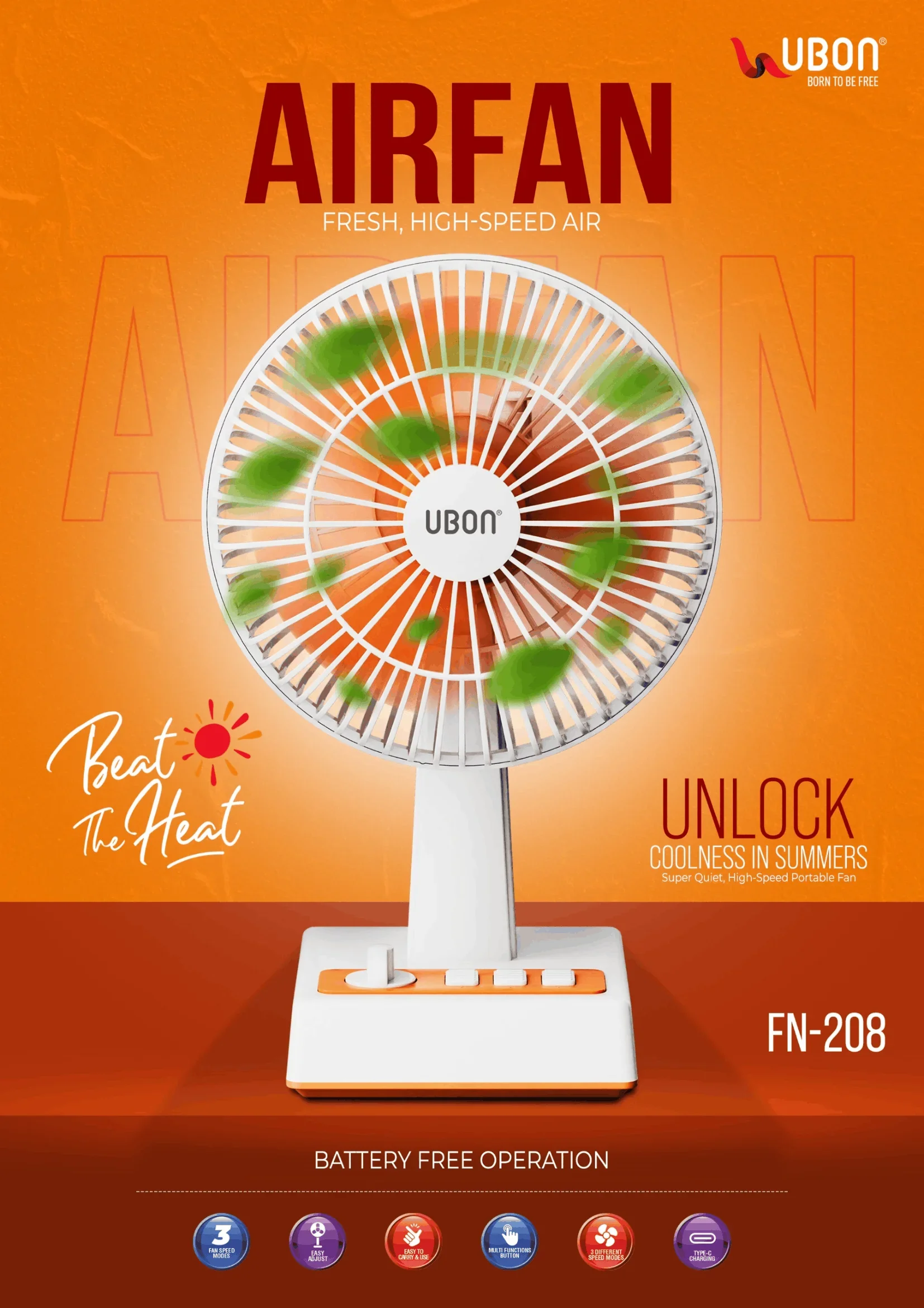 UBON FN-208 AIRFAN High-Speed Portable Table Fan with Type-C Port