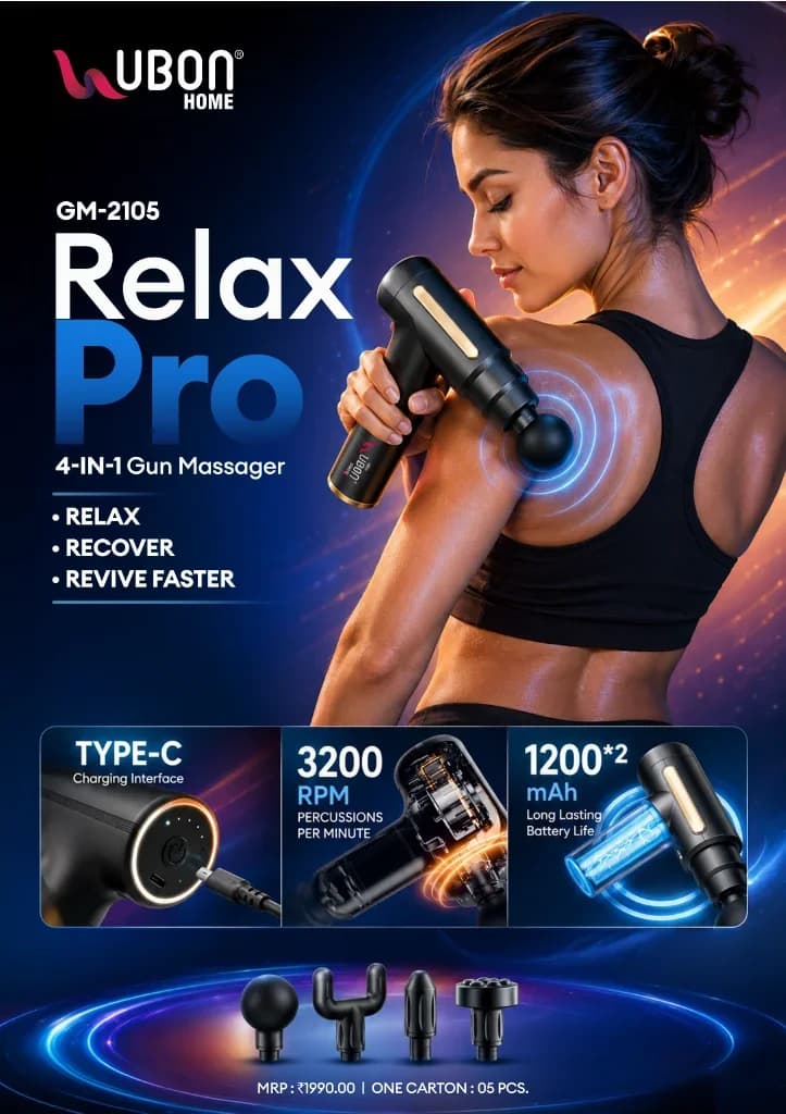 UBON GM-2105 Relax Pro 4-in-1 Cordless Gun Massager with 3200 RPM Percussion