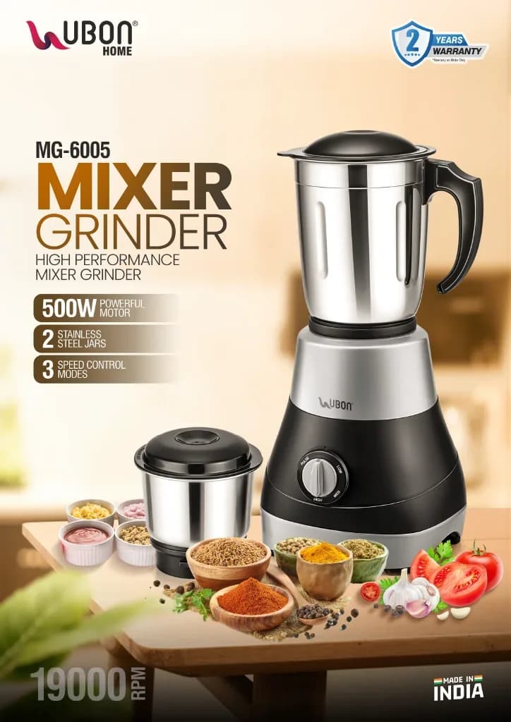 UBON MG-6005 500W High-Performance Mixer Grinder with 2 Stainless Steel Jars