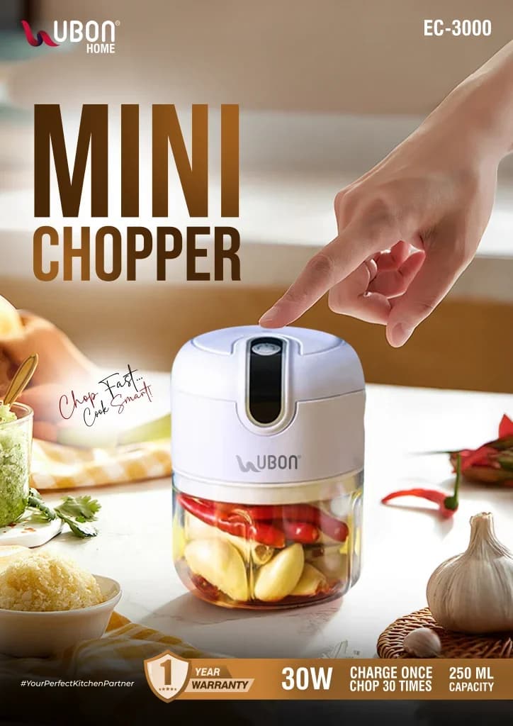 UBON EC-3000 30W Rechargeable Electric Mini Chopper (250ml Capacity)