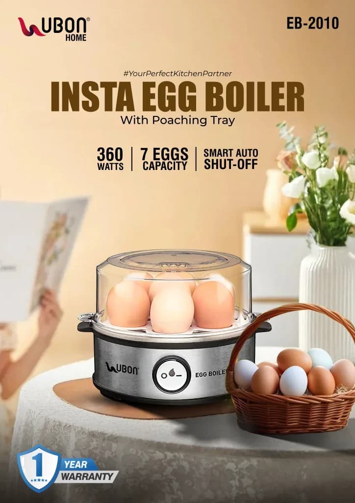 UBON EB-2010 Insta Egg Boiler (360W, 7 Eggs Capacity) with Poaching Tray
