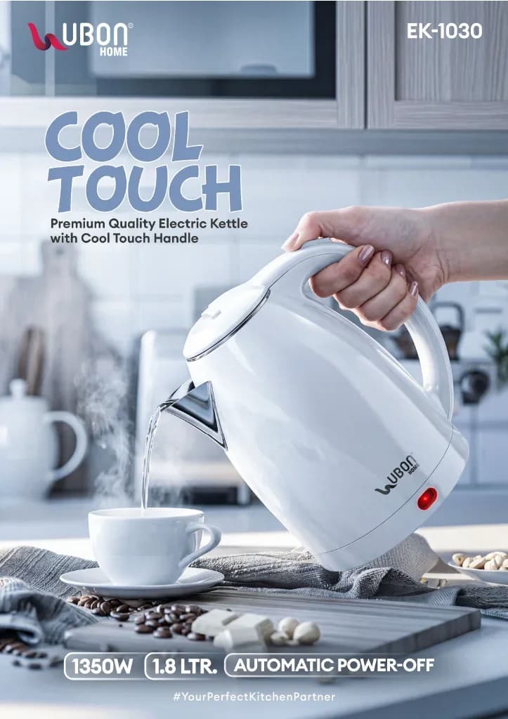 UBON EK-1030 Cool Touch 1.8L Electric Kettle with 1350W Power & Auto Power-Off