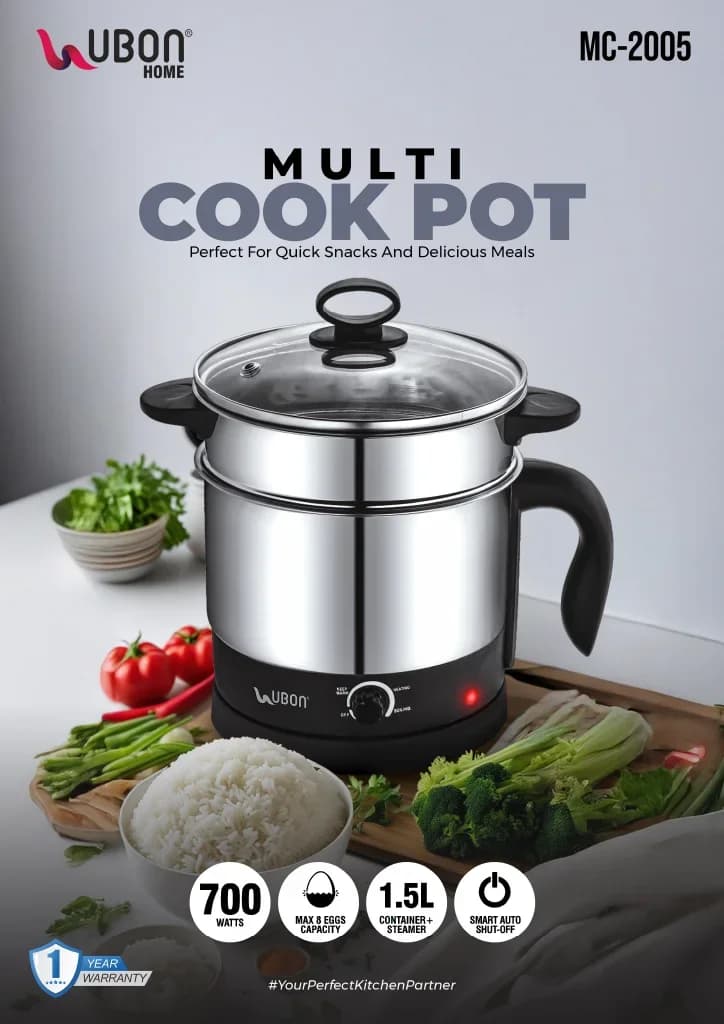UBON MC-2005 1.5L Multi-Cook Pot with Steamer Attachment (700W)