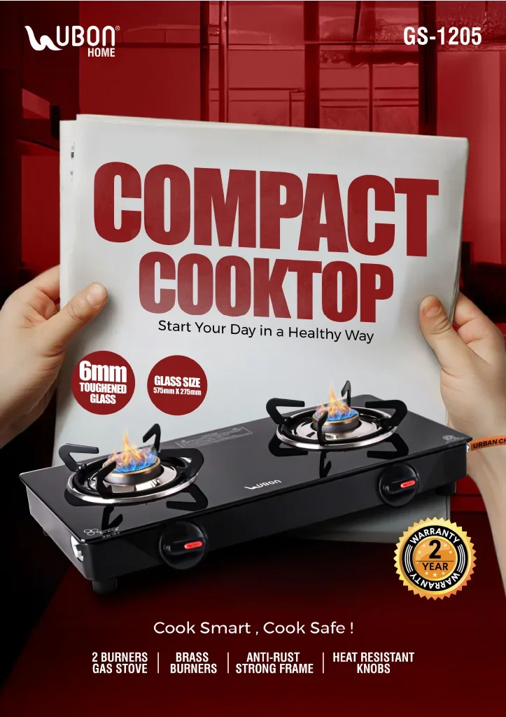 UBON GS-1205 Compact 2-Burner Toughened Glass Gas Stove