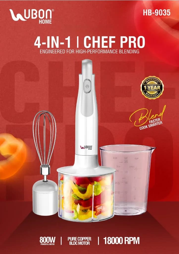 UBON HB-9035 4-in-1 Chef Pro 800W Multi-Purpose Hand Blender Kit