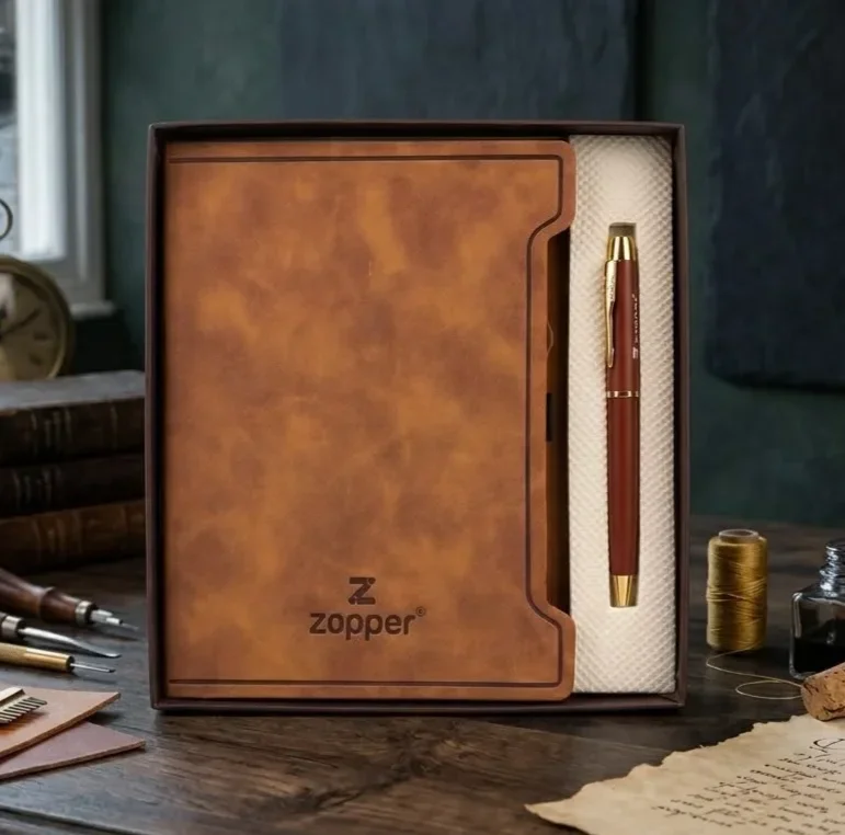 Classic Tan Leatherette Notebook & Pen Corporate Kit