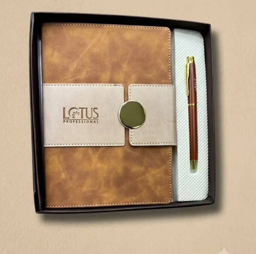 Luxury Tan Leatherette Notebook & Metallic Pen Combo