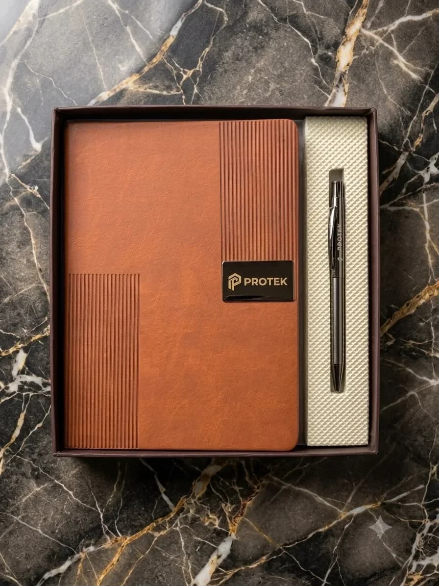 Embossed Tan Leatherette Notebook & Metal Pen Kit