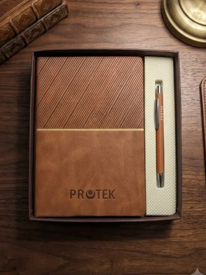 Embossed Tan Leatherette Notebook & Pen Corporate Gift Box