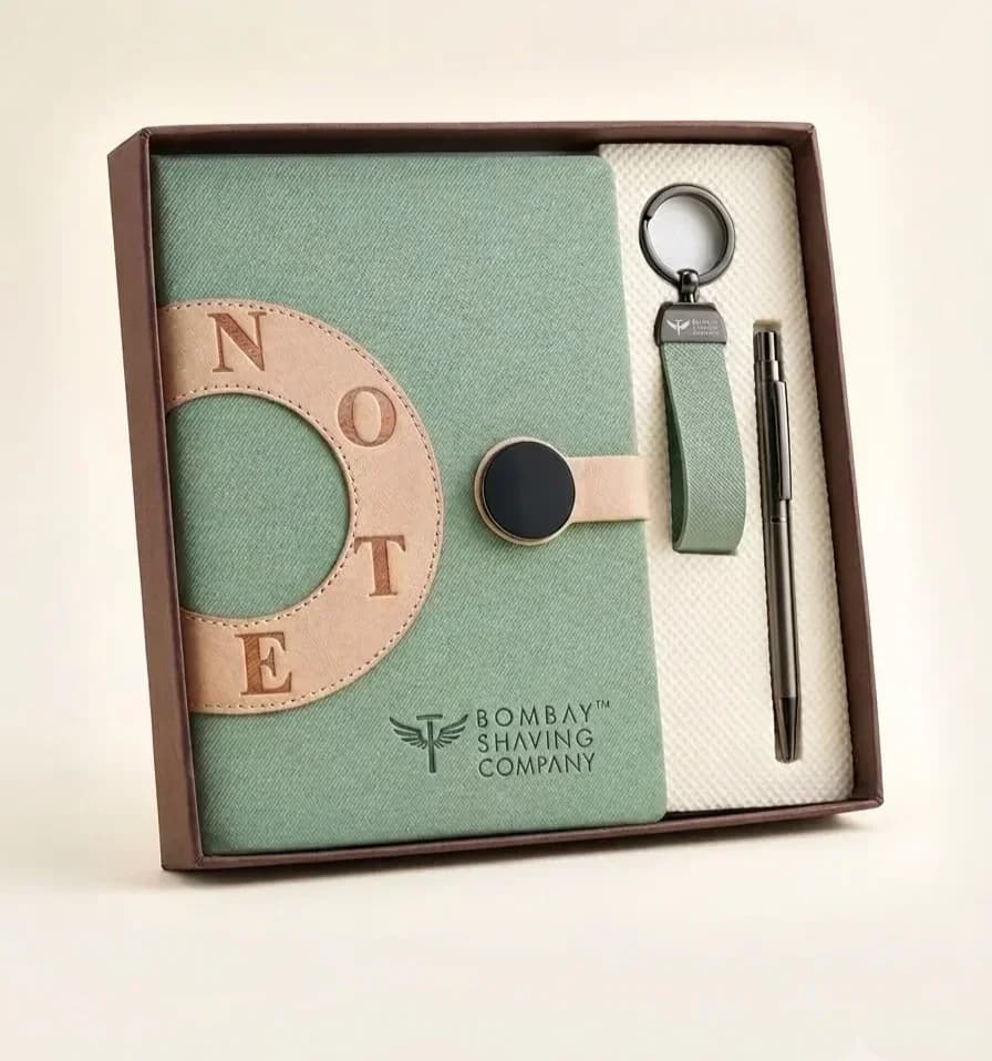 Premium Sage Green Leatherette Journal, Keychain & Pen Set