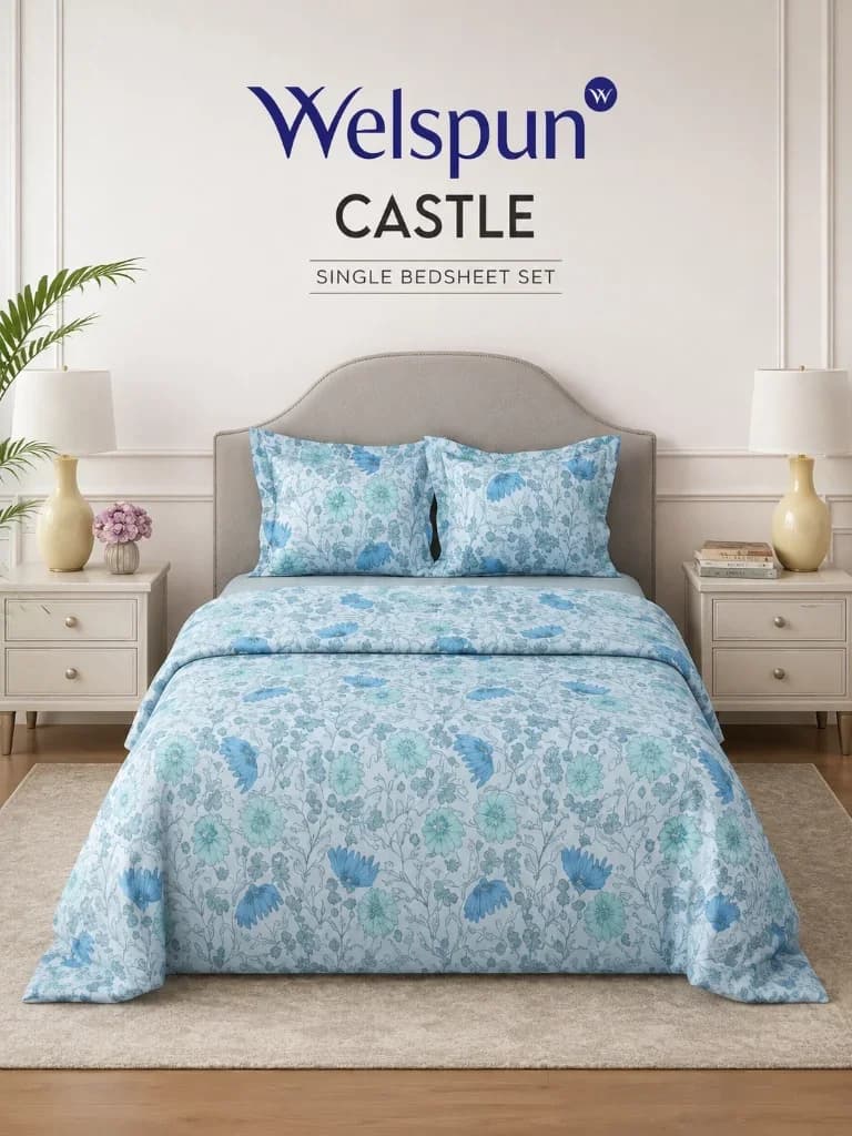 Welspun Castle Blue Floral Cotton Single Bedsheet Set