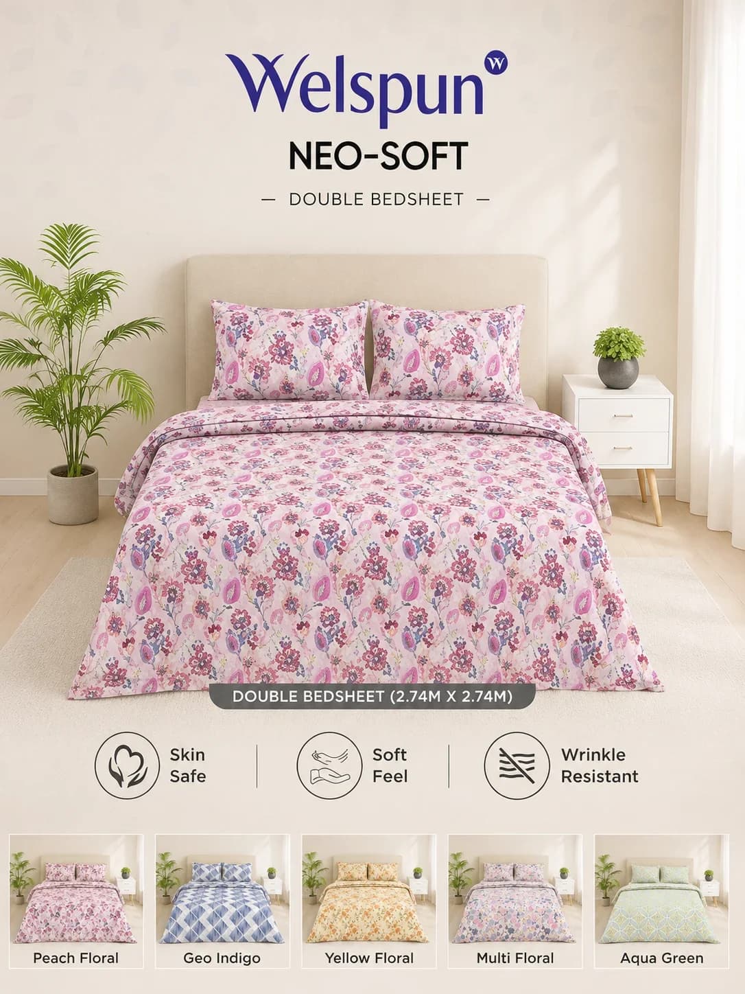 Welspun NEO-SOFT Double Bedsheet Set with 2 Pillow Covers